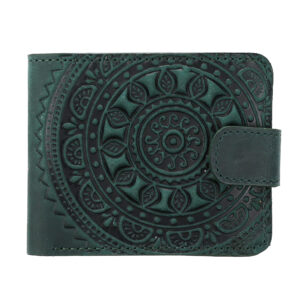Гаманець темно-зелений  складений (сонце Карпат), з тисненням